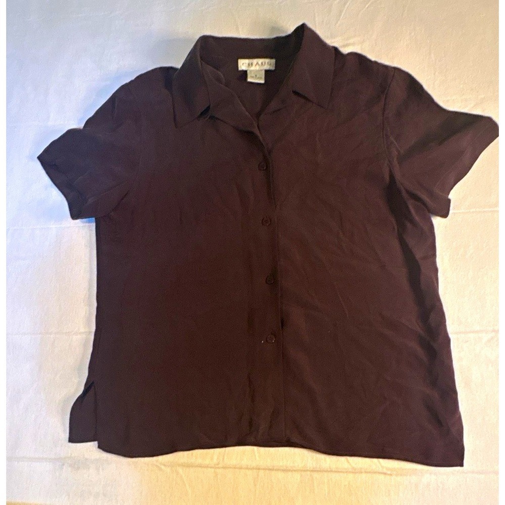 Chaus Brown 100% Silk Short Sleeve Button Down Blouse Shirt Womens Medium 1116